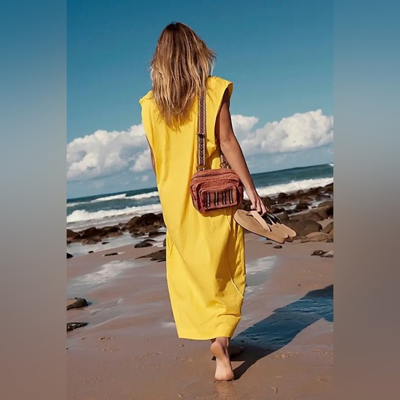 FREE PEOPLE beach Carta Tee Shirt Midi - Yellow size XS - Picture 2 of 7